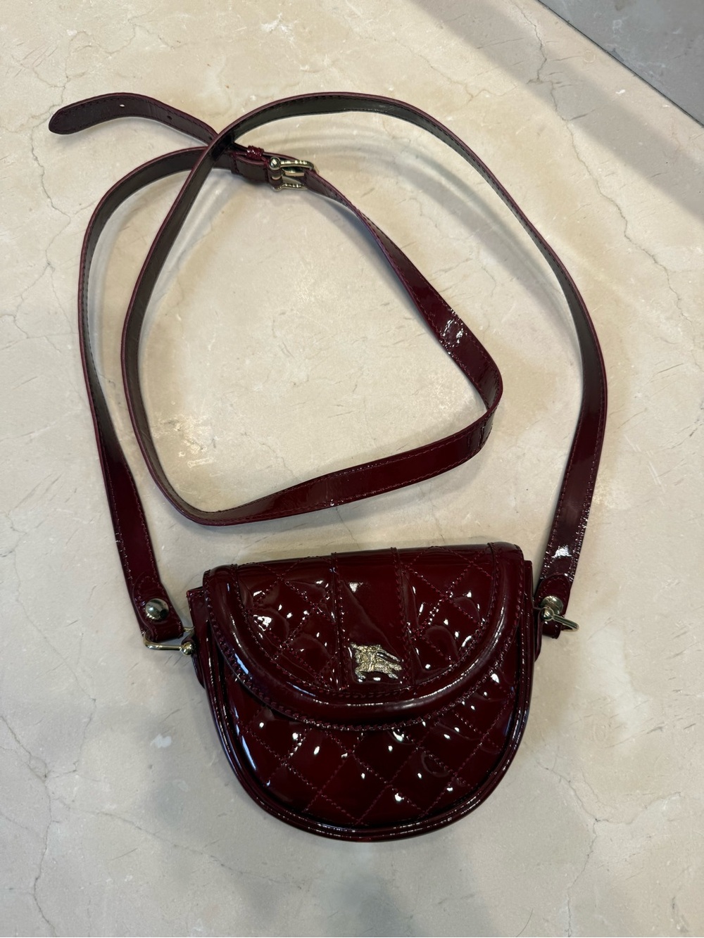 Burberry Patent Quilted Crossbody Bag in Deep Burgundy